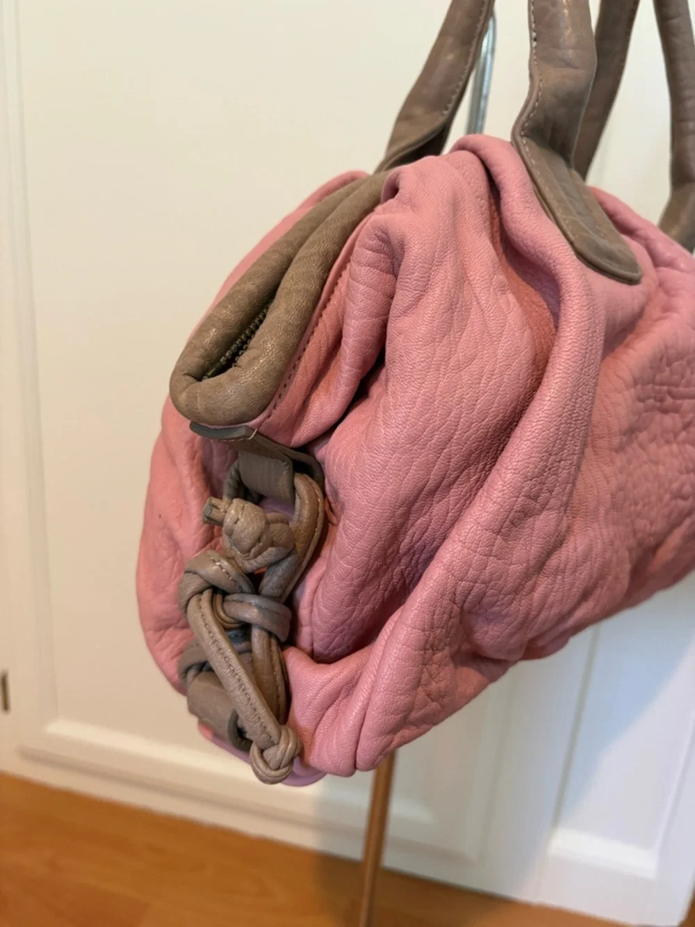 Dusty Pink Leather Hobo Handbag with Contrasting Taupe Handles